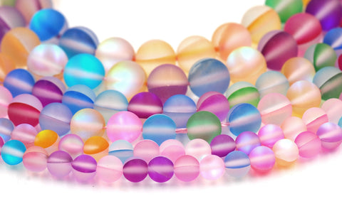Synthetic Glass Moonstone Iridescent Beads Strands, Rainbow Moonstone Round, 6mm,8mm,10mm,12mm -Full Strand