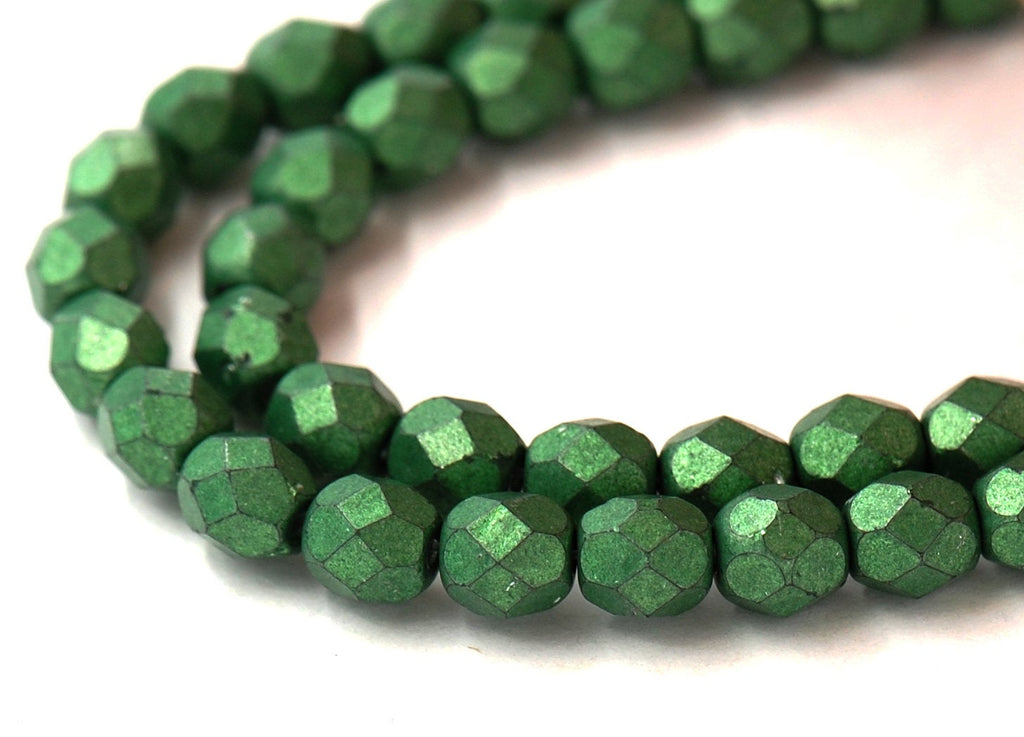 Saturated Metallic Kale Green Czech Glass Firepolished 6mm Beads -25