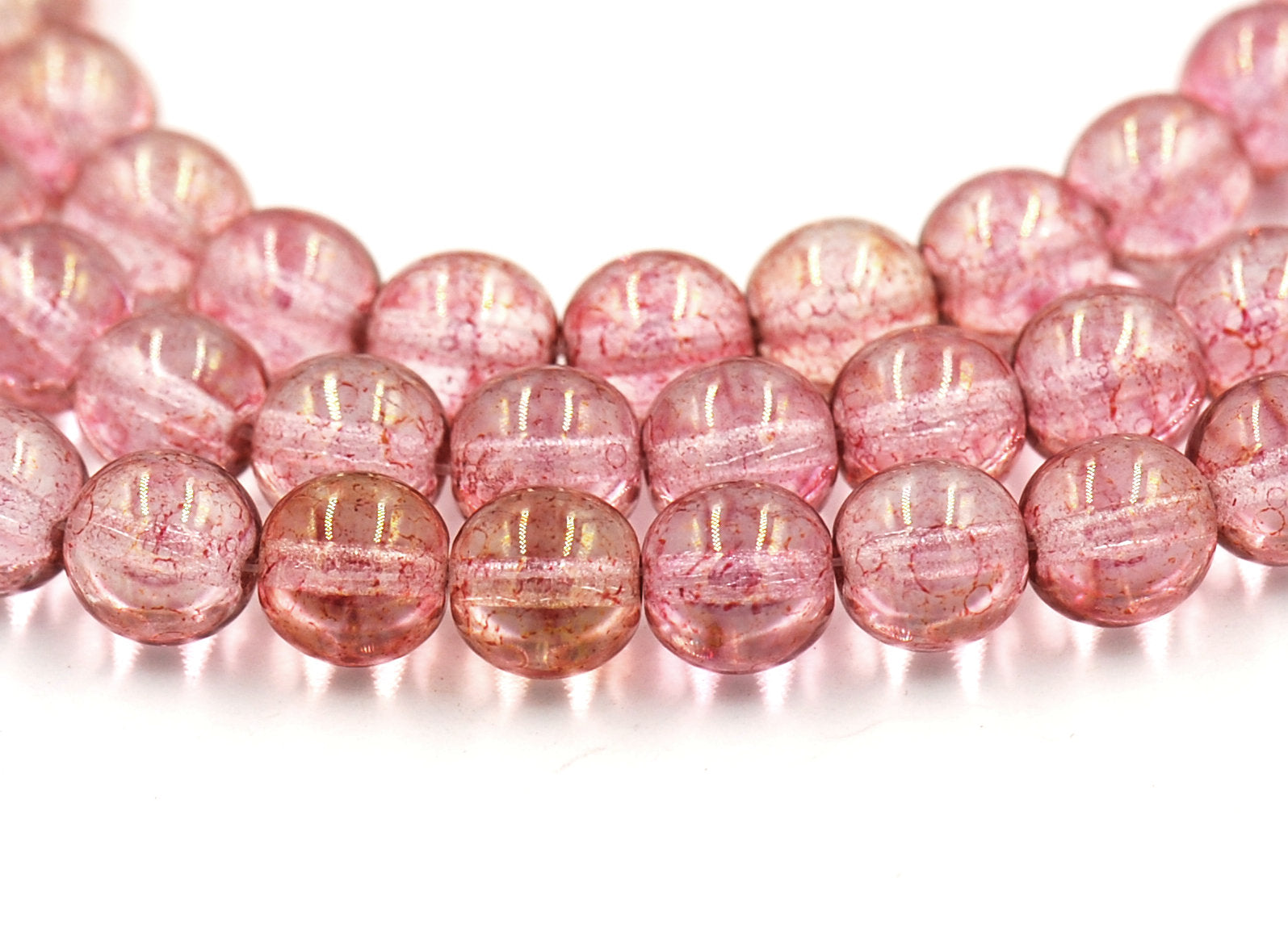 8mm Czech Glass Round Transparent Topaz/Pink Luster Beads  -25