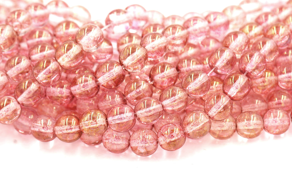 8mm Czech Glass Round Transparent Topaz/Pink Luster Beads  -25