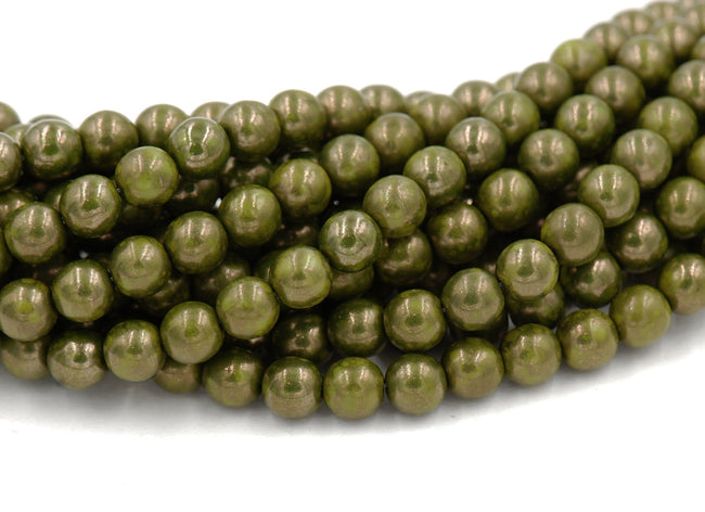 6mm Czech Glass Round Opaque Olive Moon Dust Green Luster  -50 Hover Image