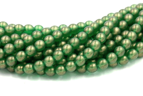6mm Czech Glass Round Sueded Gold Emerald Green Luster  -50