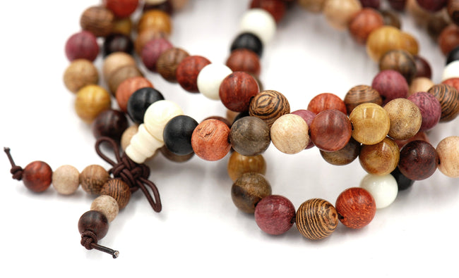Mixed Wooden Beads, 108 Mala Beads, Necklace or Bracelet, Boho Yoga Prayer Beads Hover Image