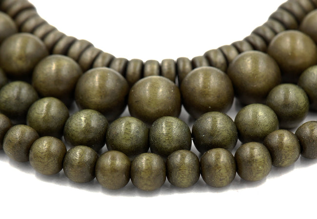 Olive Green Washed Wood 8mm, 10mm, 12mm, Rondelle 8x4mm, Green Rondelle Earth Boho Round Wood Beads -16 inch strand Hover Image