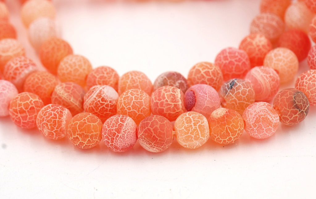 8mm Frosted Agate Round Beads in Orange Coral  -14.25 inch strand
