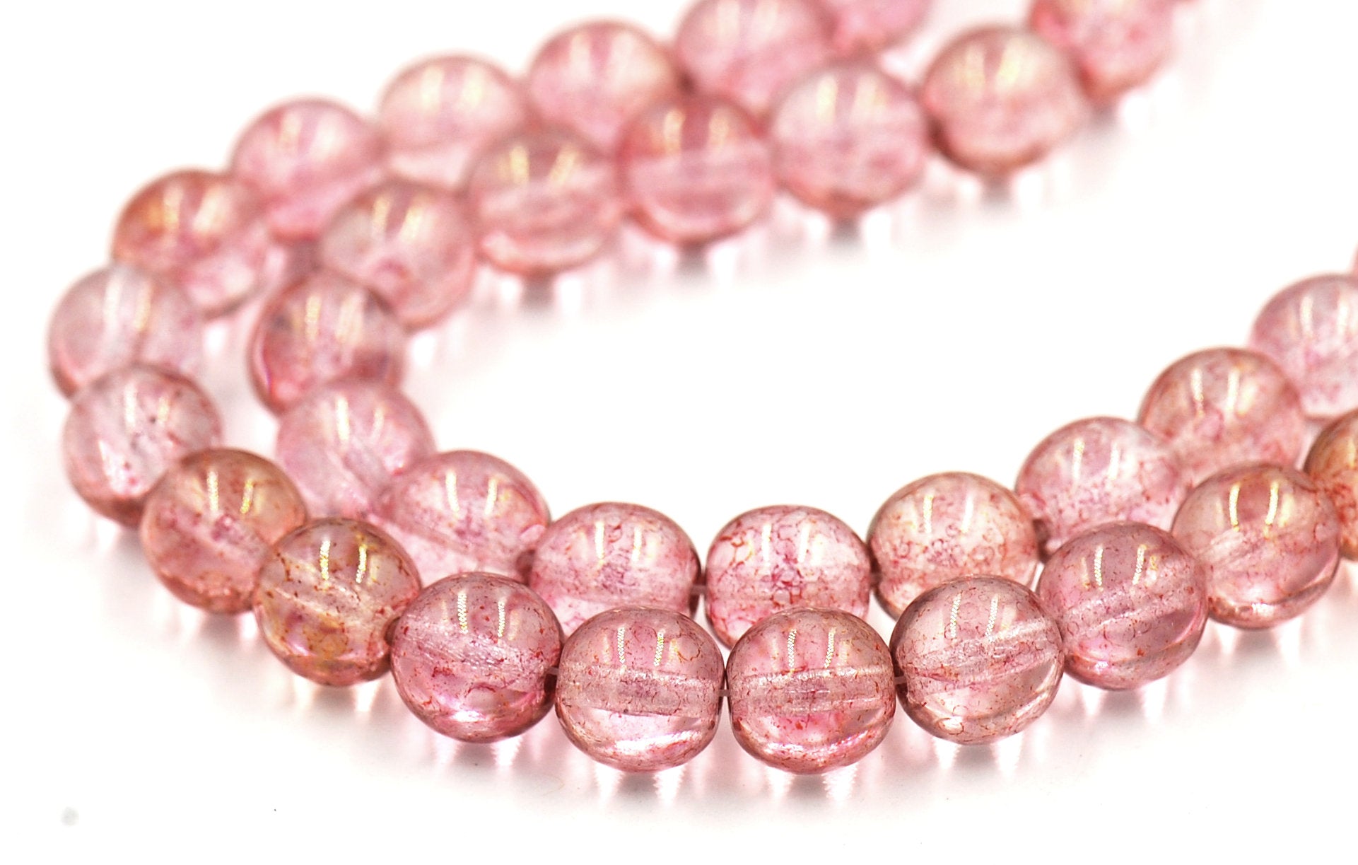 8mm Czech Glass Round Transparent Topaz/Pink Luster Beads  -25