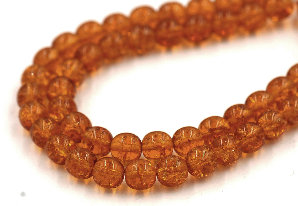6mm Czech Glass Round Dark Topaz Crackle  -50