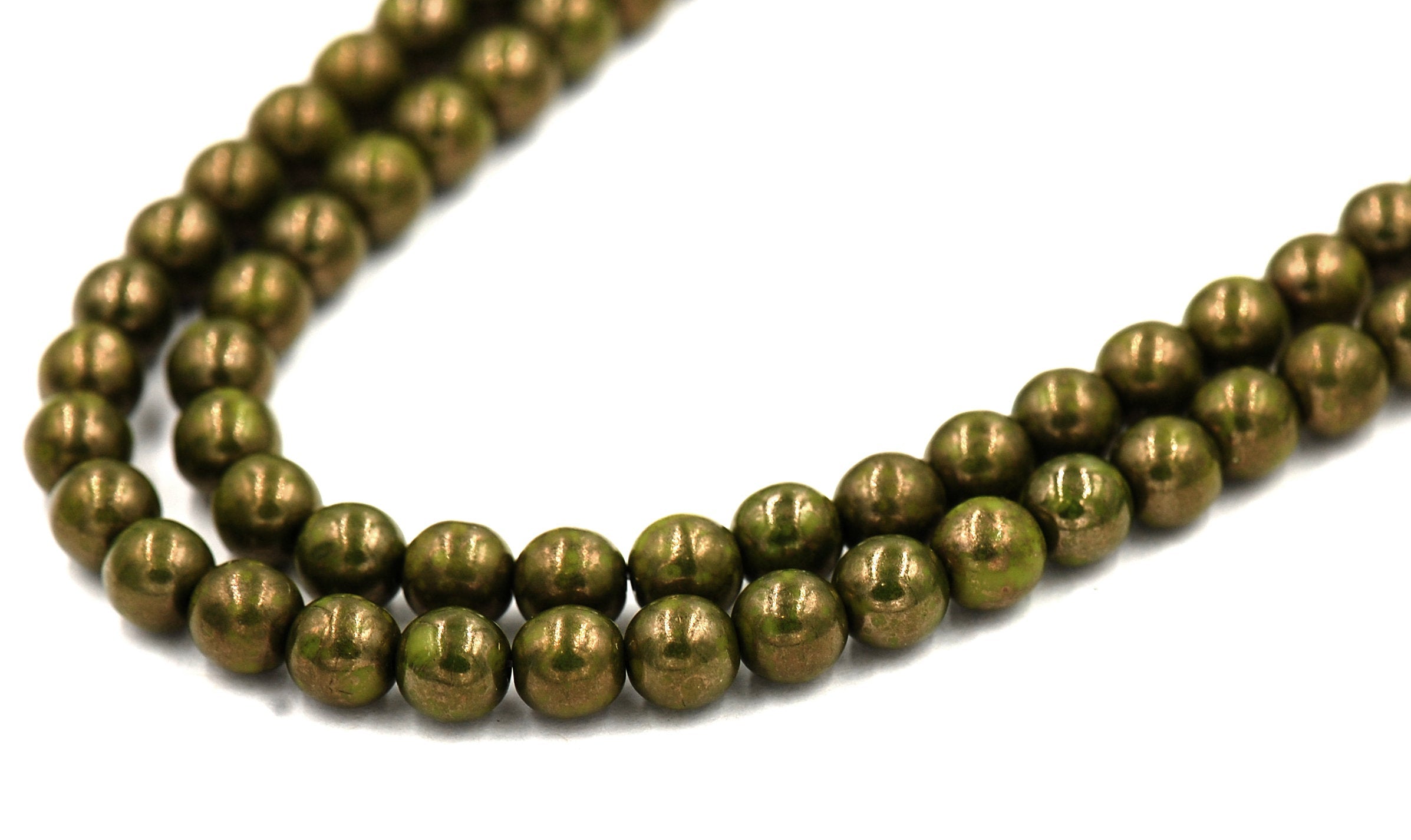 6mm Czech Glass Round Opaque Olive Moon Dust Green Luster  -50