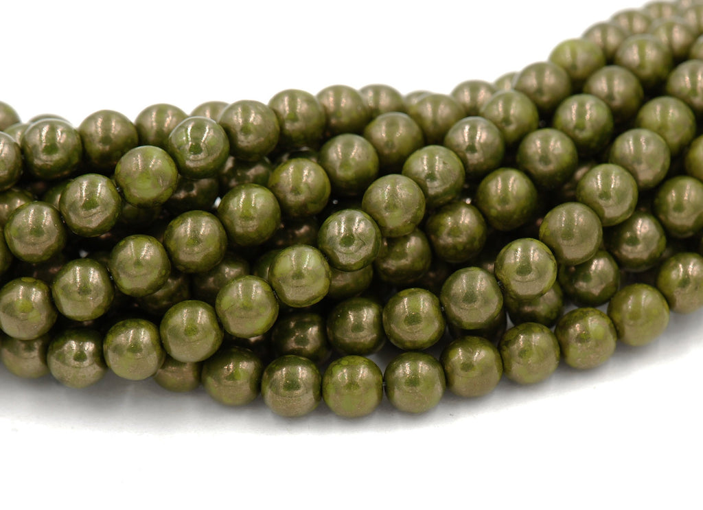 6mm Czech Glass Round Opaque Olive Moon Dust Green Luster  -50