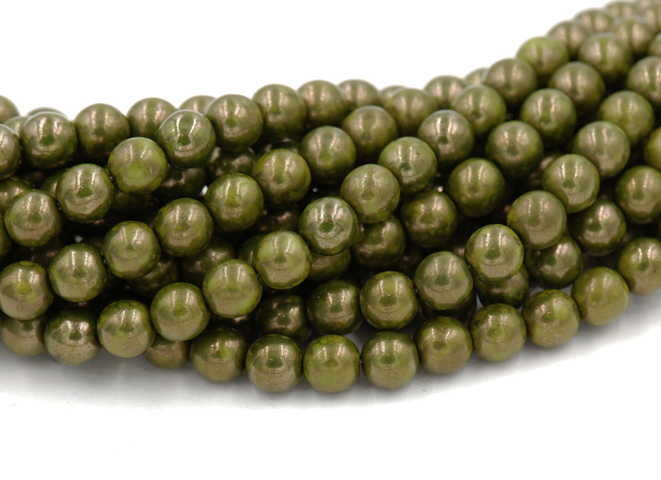 6mm Czech Glass Round Opaque Olive Moon Dust Green Luster  -50