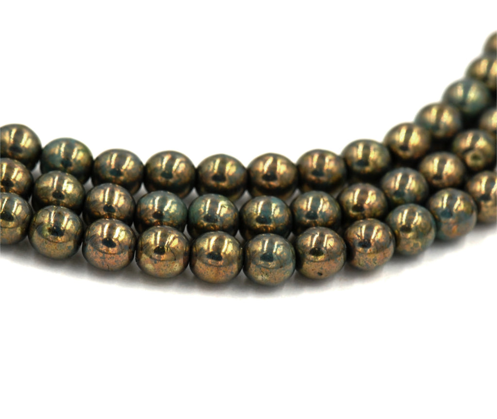 Green Turquoise Bronze Picasso 6mm round beads   - 50 Czech Beads