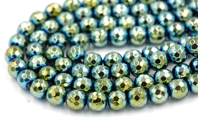 Hematite Faceted Round AAA, 8mm Sea Blue/Green Gold Beads -16 inch strand Main Image