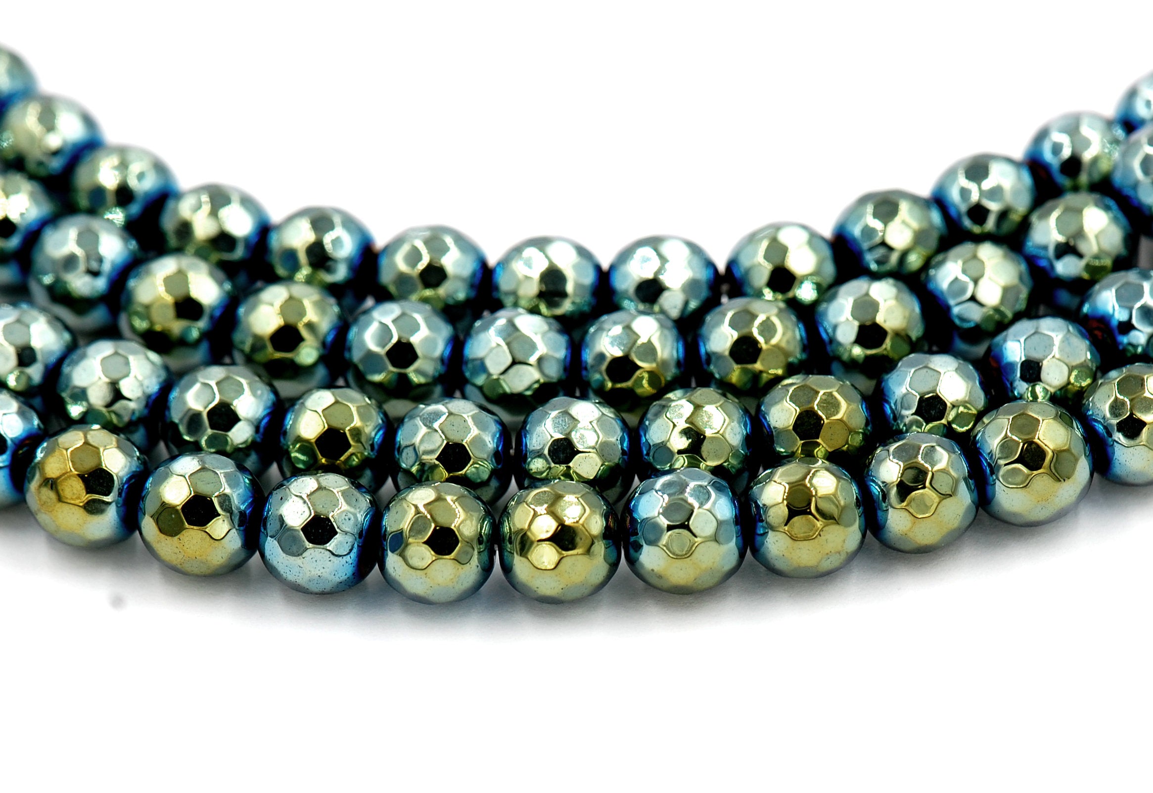 Hematite Faceted Round AAA, 8mm Sea Blue/Green Gold Beads -16 inch strand