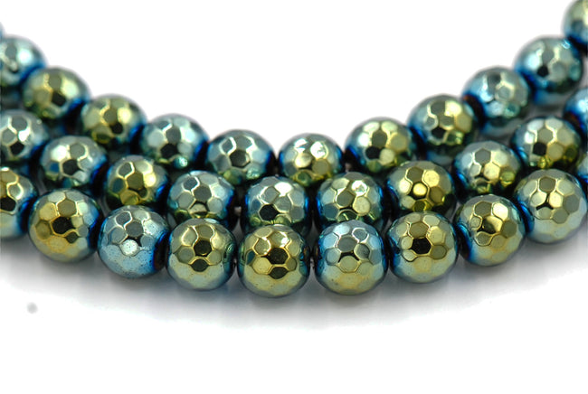 Hematite Faceted Round AAA, 8mm Sea Blue/Green Gold Beads -16 inch strand Hover Image