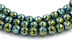 Hematite Faceted Round AAA, 8mm Sea Blue/Green Gold Beads -16 inch strand