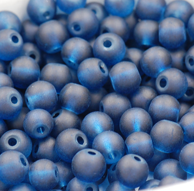 6mm Deep Blue Frosted Matte Glass Round Druk Beads - 100 beads Hover Image