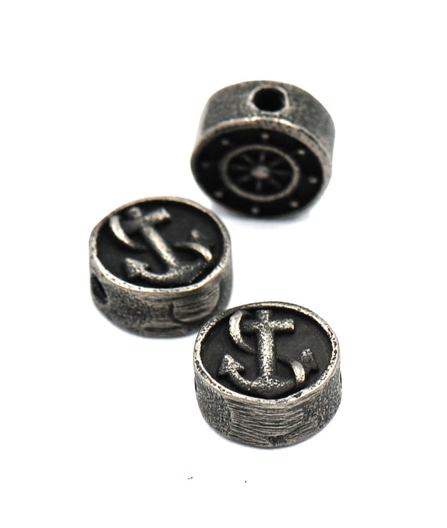 304 Stainless Steel Flat Round with Anchor and Helm, Antique Silver 10.5mm -1pc Hover Image