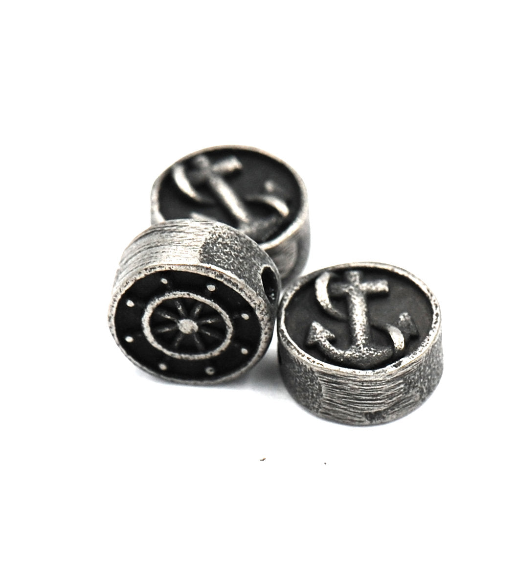 304 Stainless Steel Flat Round with Anchor and Helm, Antique Silver 10.5mm -1pc