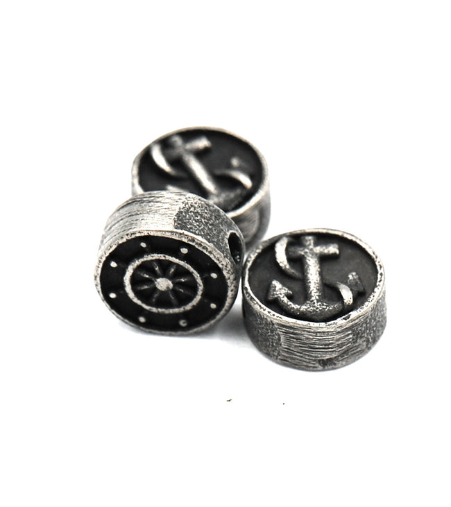 304 Stainless Steel Flat Round with Anchor and Helm, Antique Silver 10.5mm -1pc Main Image