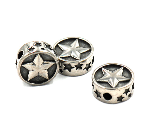 304 Stainless Steel Flat Round withStar, Antique Silver 10.5mm -1pc