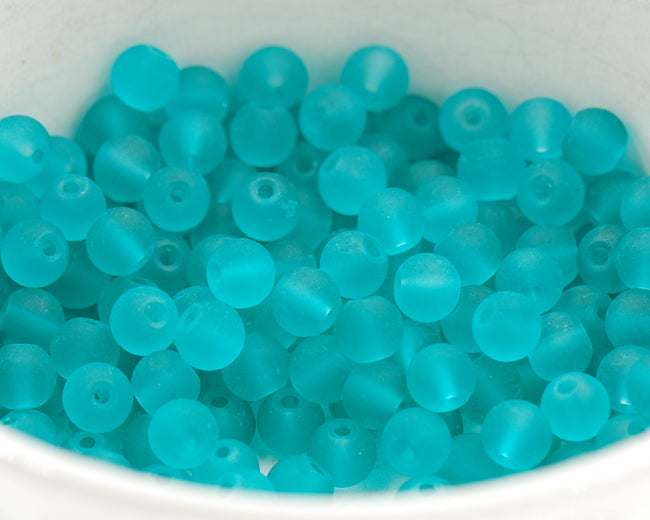 6mm Aqua Green Frosted Matte Glass Round Druk Beads - 100 beads Hover Image