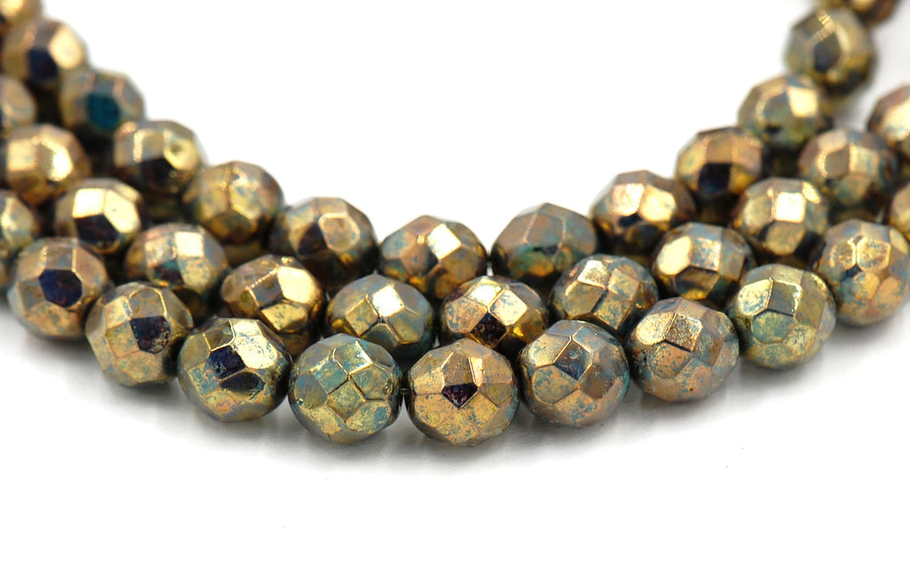 Turquoise Bronze Picasso Czech Glass Bead 8mm Faceted Round - 25 Pc