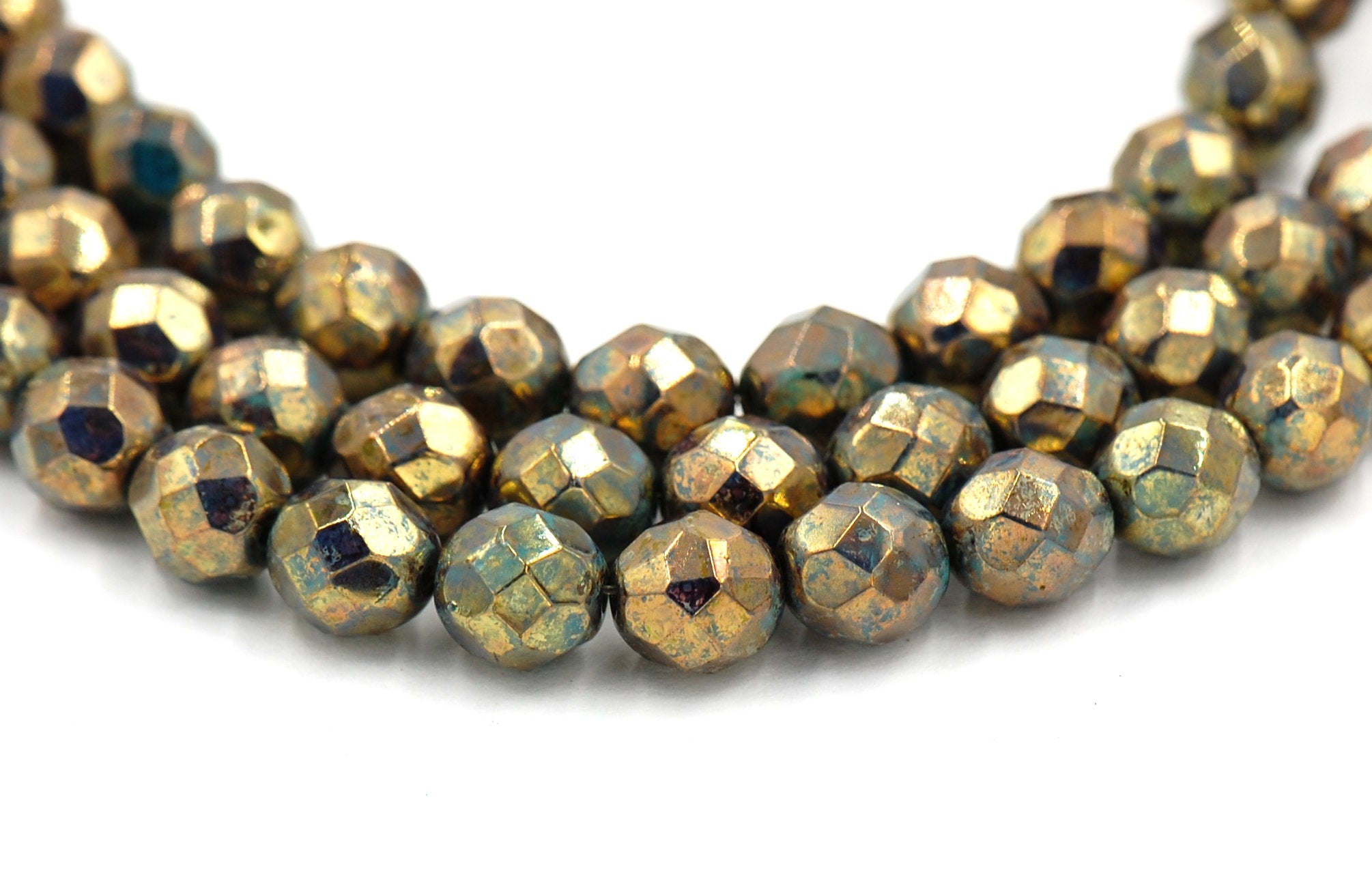 Turquoise Bronze Picasso Czech Glass Bead 8mm Faceted Round - 25 Pc