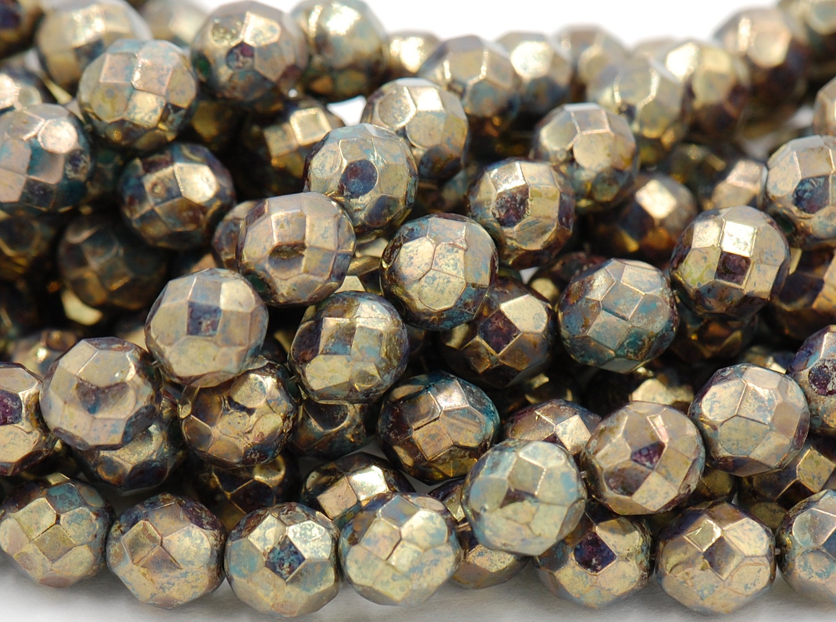 Turquoise Bronze Picasso Czech Glass Bead 8mm Faceted Round - 25 Pc