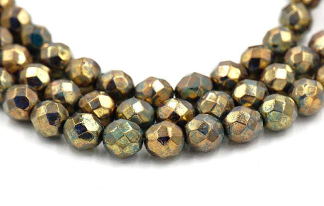 Turquoise Bronze Picasso Czech Glass Bead 8mm Faceted Round - 25 Pc Hover Image