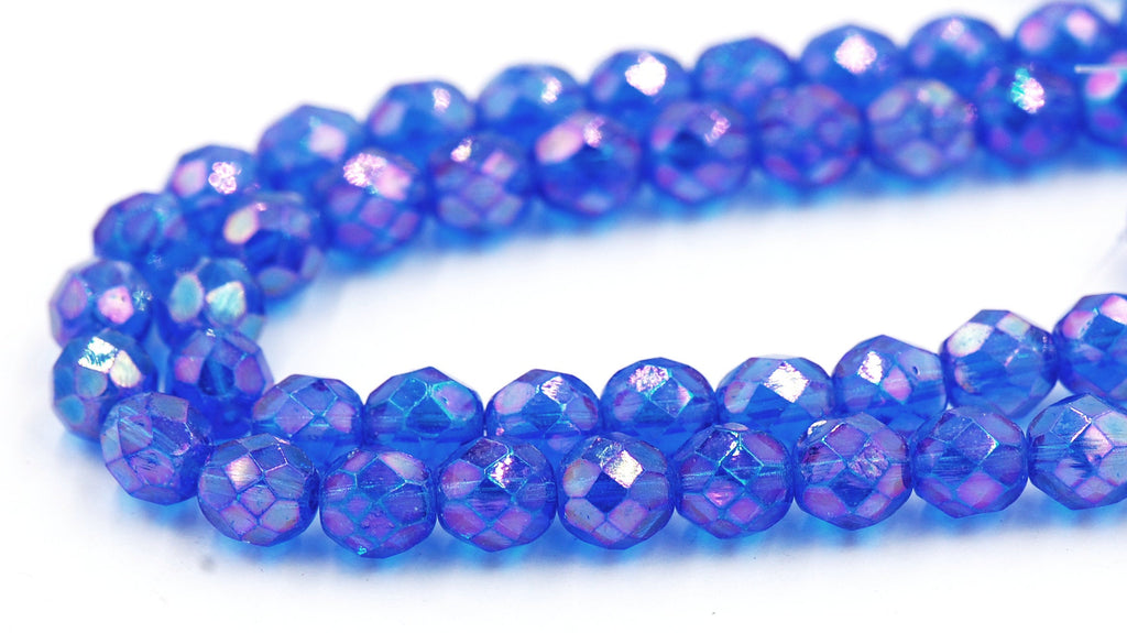 8mm Luster Iris Sapphire Czech Glass Faceted Bead  -25 czech beads