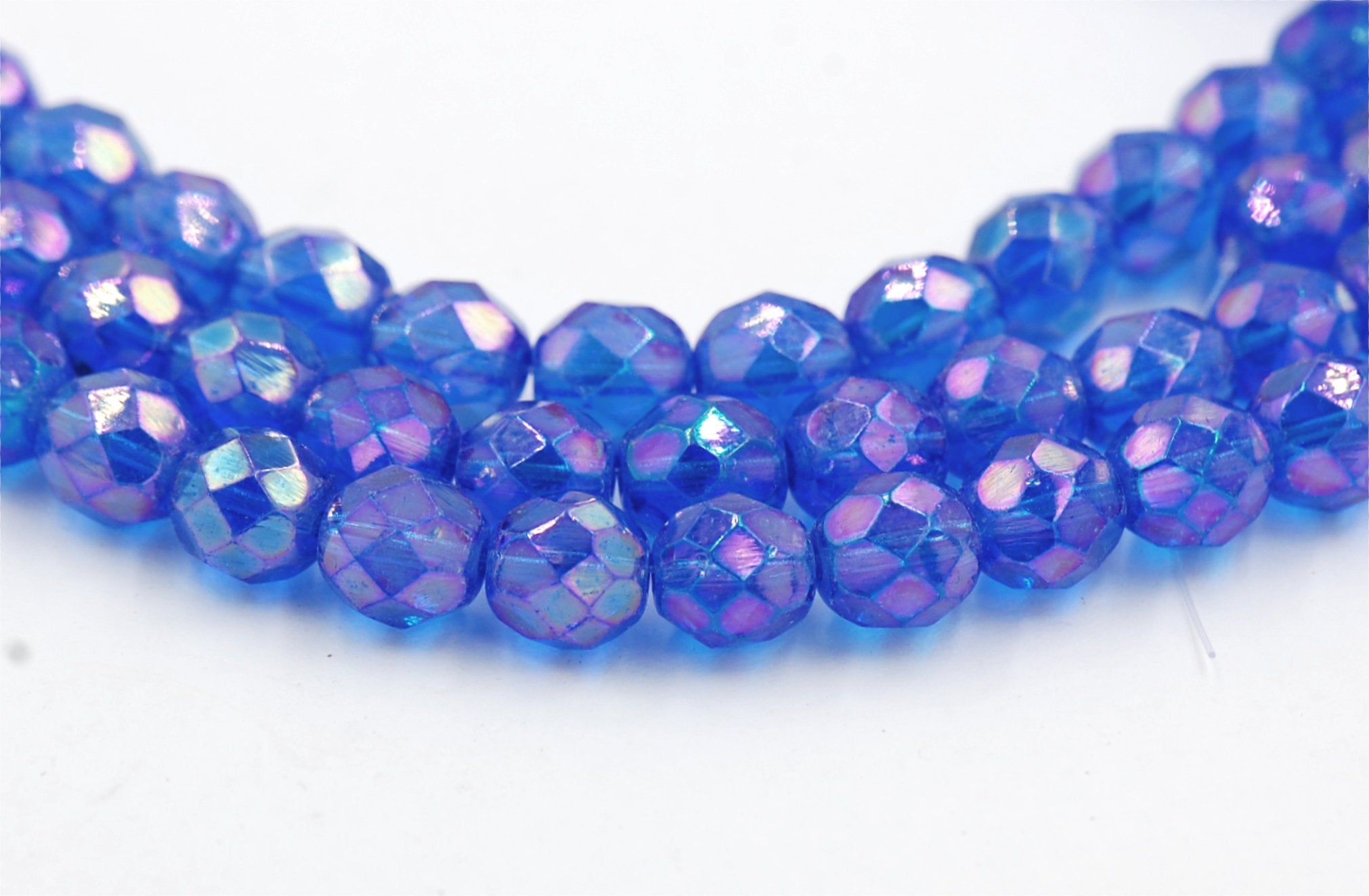 8mm Luster Iris Sapphire Czech Glass Faceted Bead  -25 czech beads