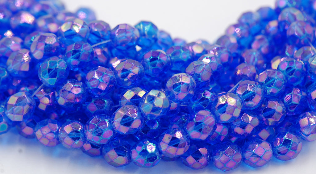 8mm Luster Iris Sapphire Czech Glass Faceted Bead  -25 czech beads