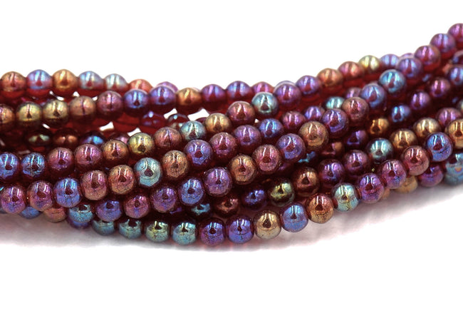 Czech Glass Garnet Iris Luster 4mm round beads   - 100 Czech Beads Hover Image