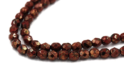 Opaque Red Bronze Picasso Czech Glass Firepolished 6mm Beads -25
