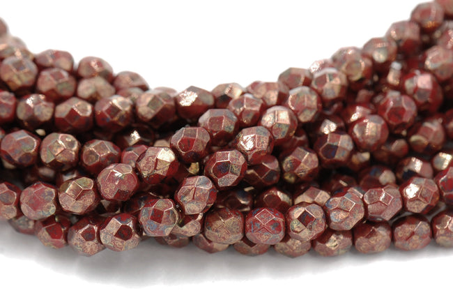 Opaque Red Bronze Picasso Czech Glass Firepolished 6mm Beads -25 Hover Image