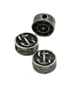 304 Stainless Steel Flat Round with Anchor and Helm, Antique Silver 10.5mm -1pc
