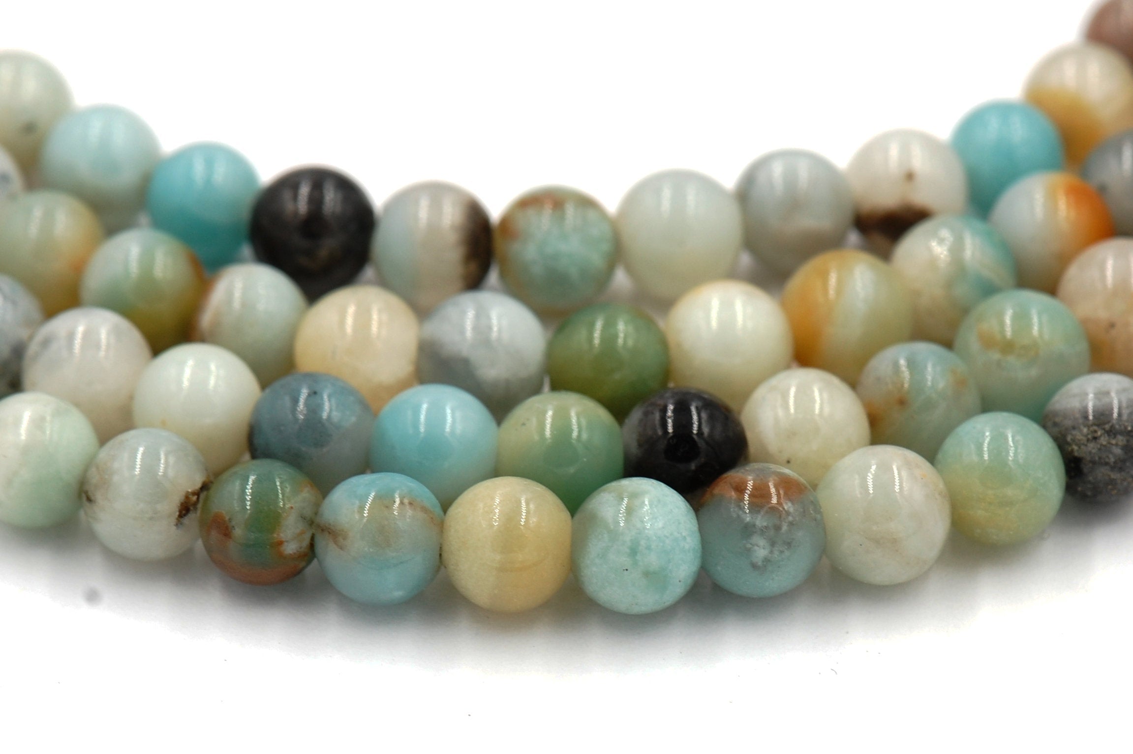 Large Hole Multicolor Amazonite Blue Green 6mm, 8mm, 10mm, 12mm Round Beads -Full Strand