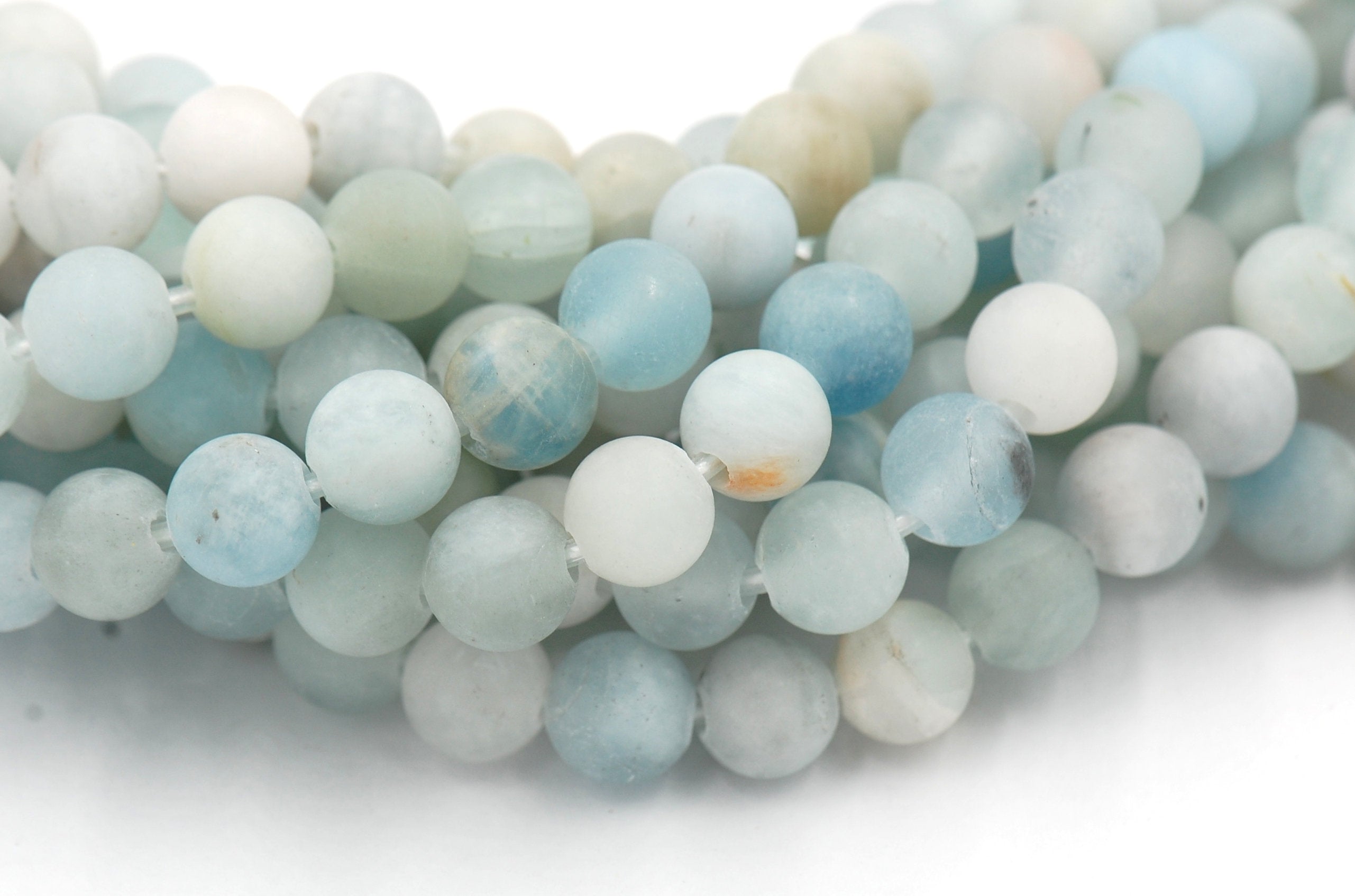 Large Hole Matte Multicolor Aquamarine Blue Green 6mm, 8mm, 10mm, 12mm Round Beads -Full Strand
