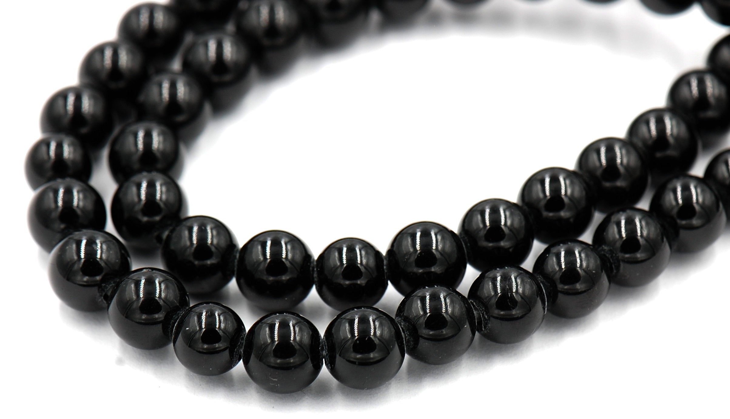 Large Hole, Black Tourmaline, Black 8mm Shiny round beads -15 inch strand