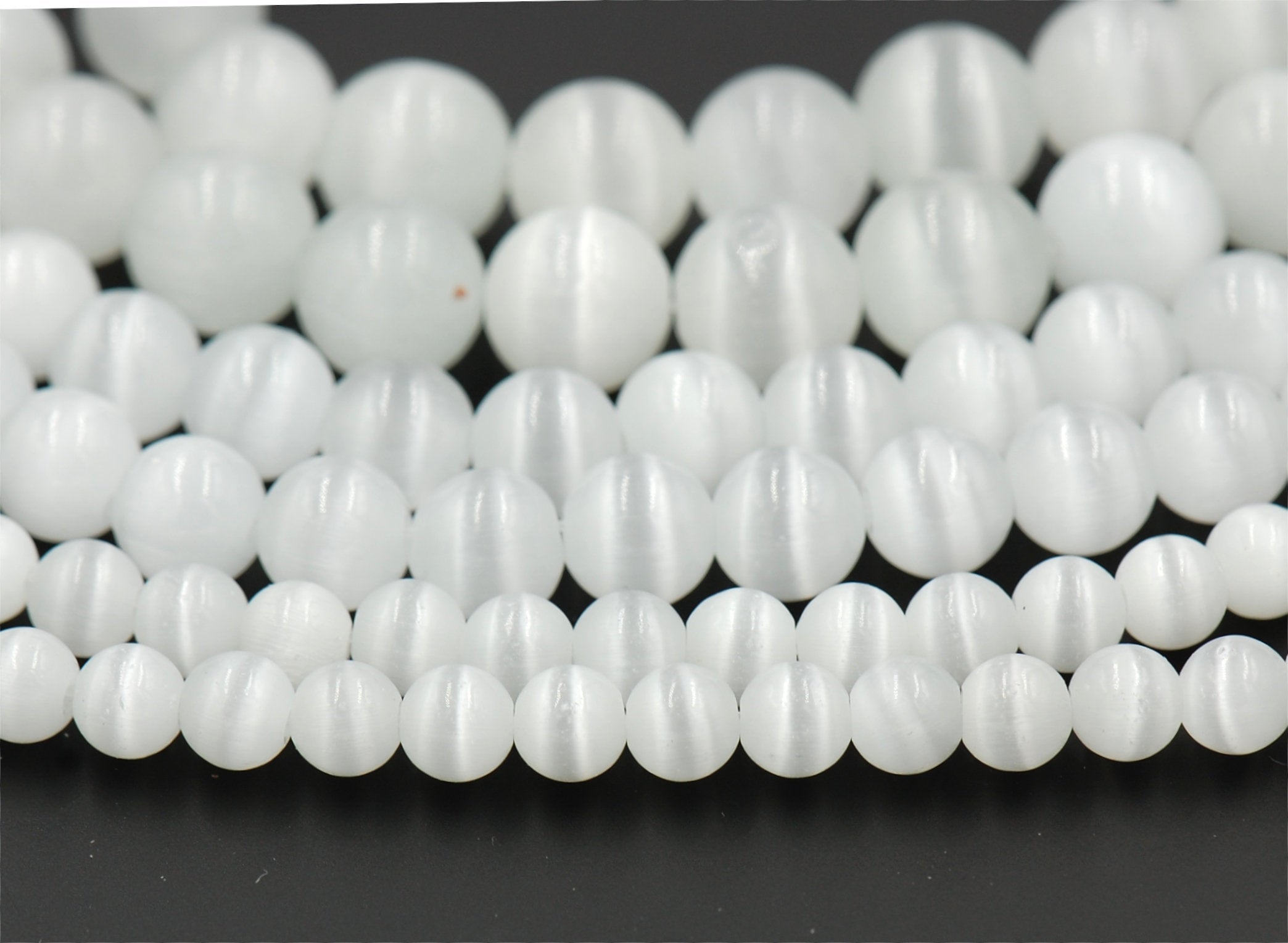 Cat Eye Beads White 4mm, 6mm, 8mm, 10mm, 12mm  -14.5 inch strand