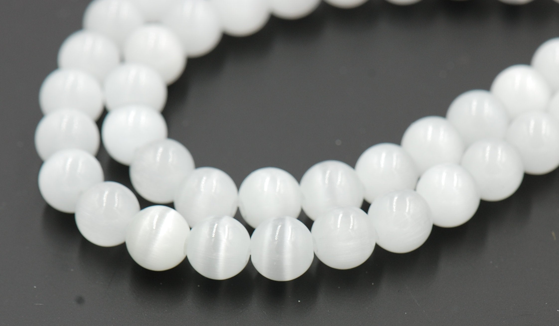 Cat Eye Beads White 4mm, 6mm, 8mm, 10mm, 12mm  -14.5 inch strand