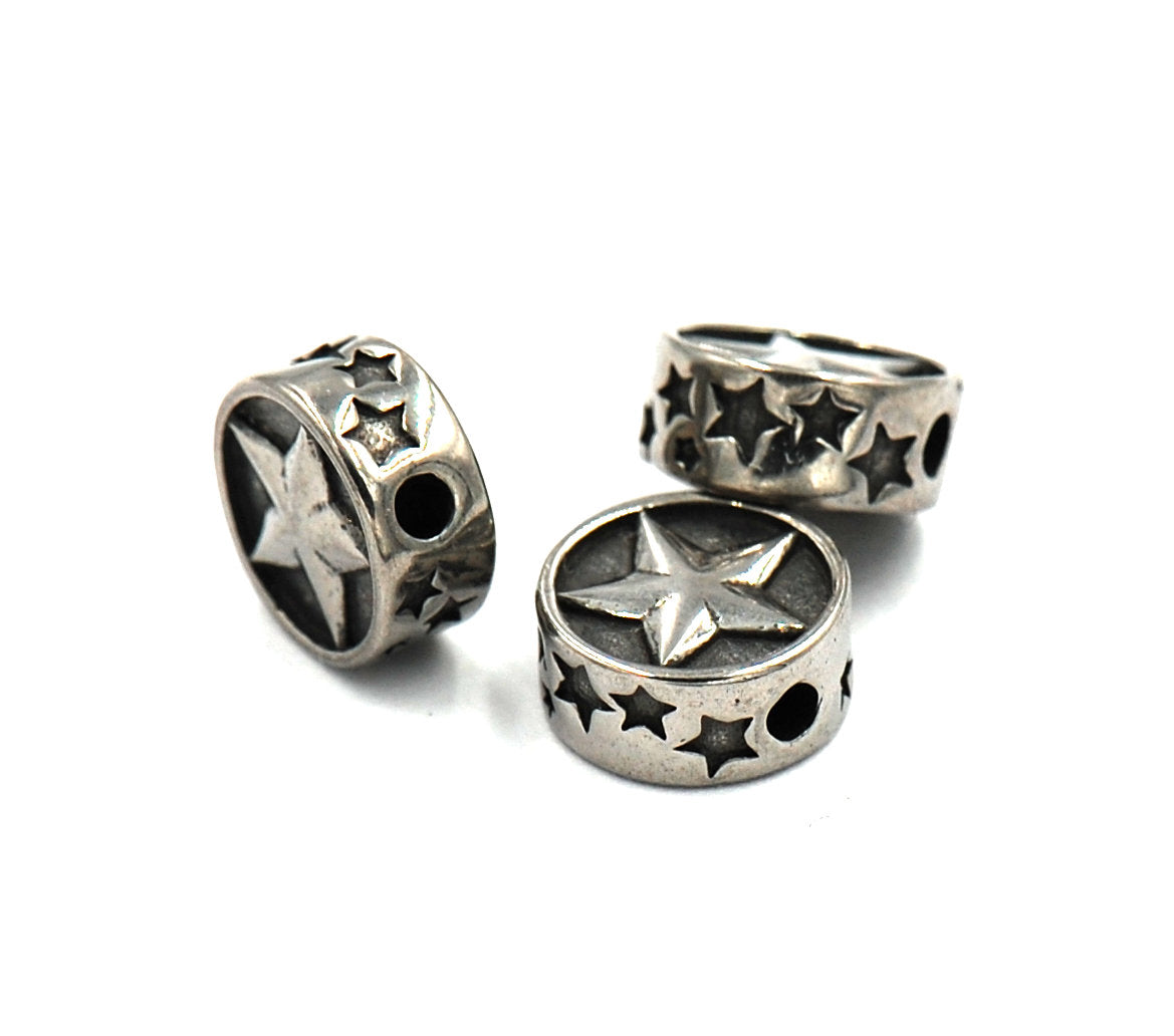 304 Stainless Steel Flat Round withStar, Antique Silver 10.5mm -1pc