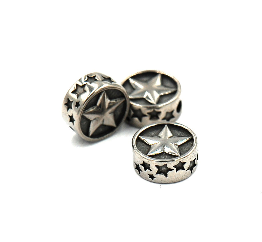 304 Stainless Steel Flat Round withStar, Antique Silver 10.5mm -1pc