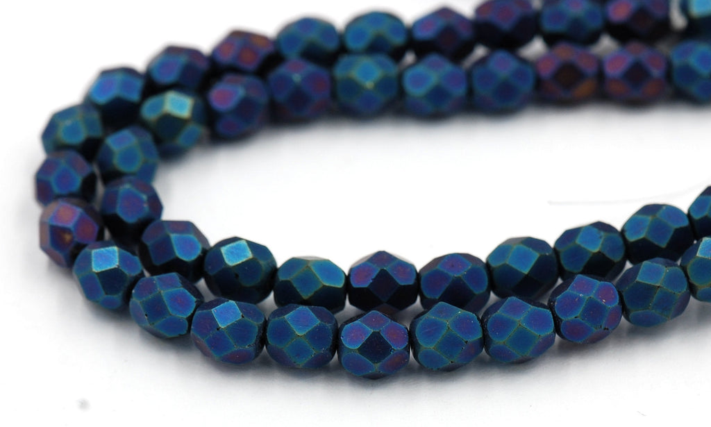 6mm Matte Purple Iris Blue Czech Beads Faceted  -25
