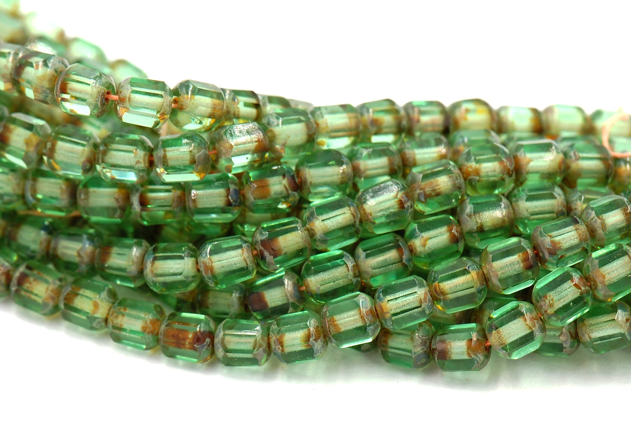 Antiqued 6mm Vintage inspired Peridot Green Czech Octagonal Bead -25