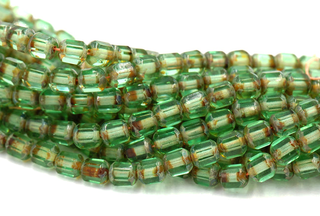 Antiqued 6mm Vintage inspired Peridot Green Czech Octagonal Bead -25 Hover Image