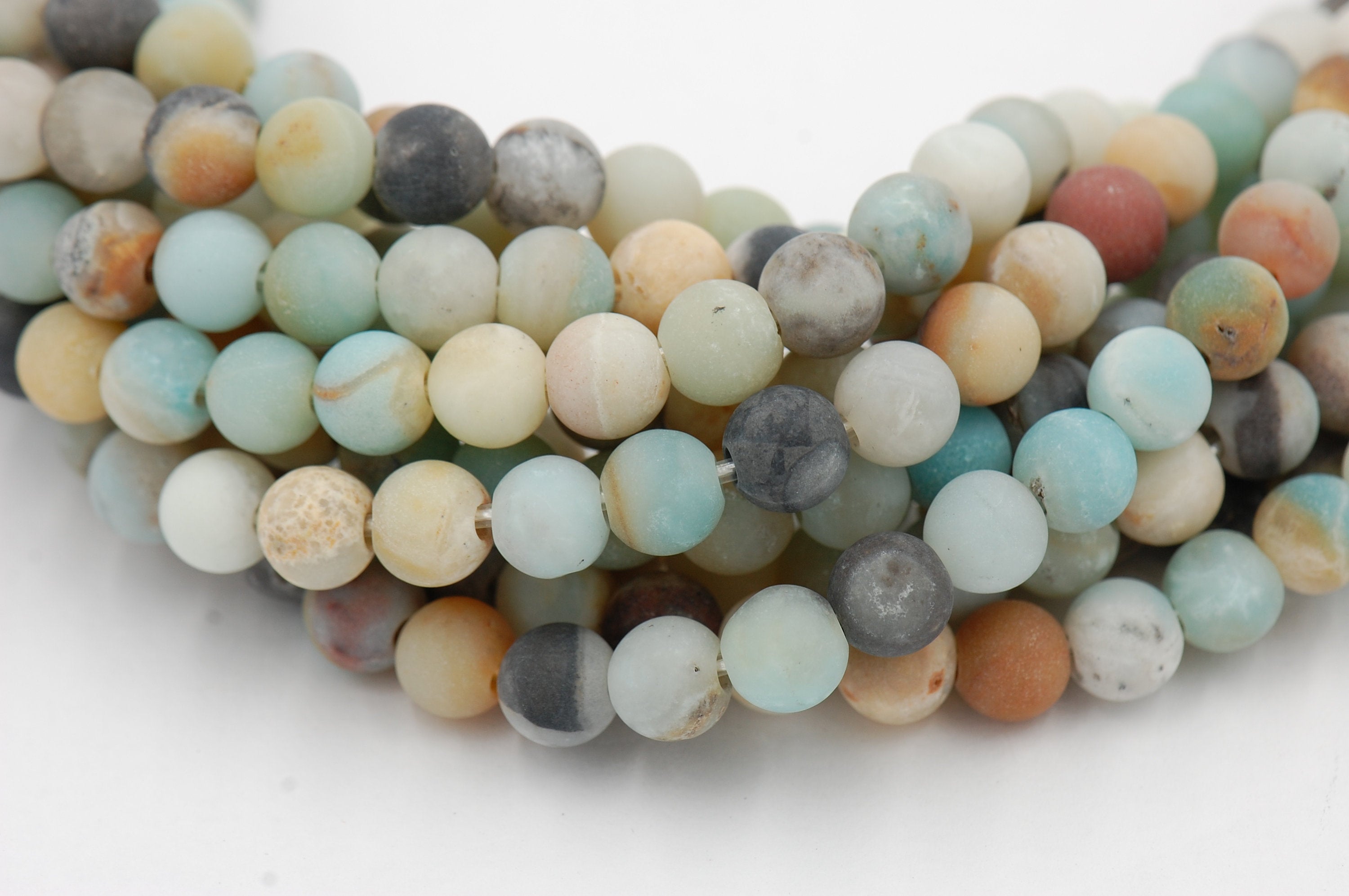 Large Hole Matte Multicolor Amazonite Blue Green 6mm, 8mm, 10mm, 12mm Round Beads -Full Strand