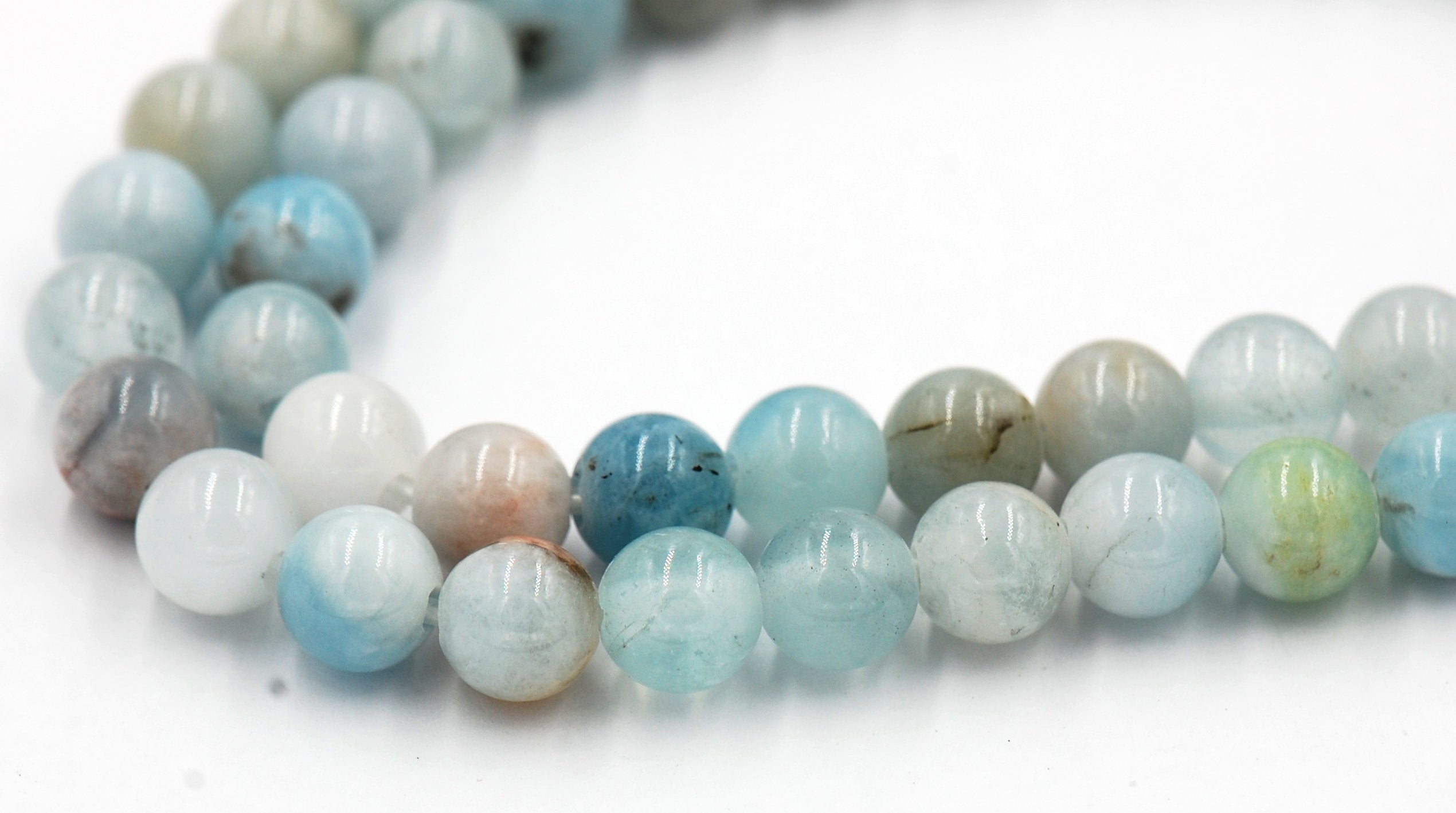 Large Hole Multicolor Aquamarine Blue Green 6mm, 8mm, 10mm, 12mm Round Beads -Full Strand