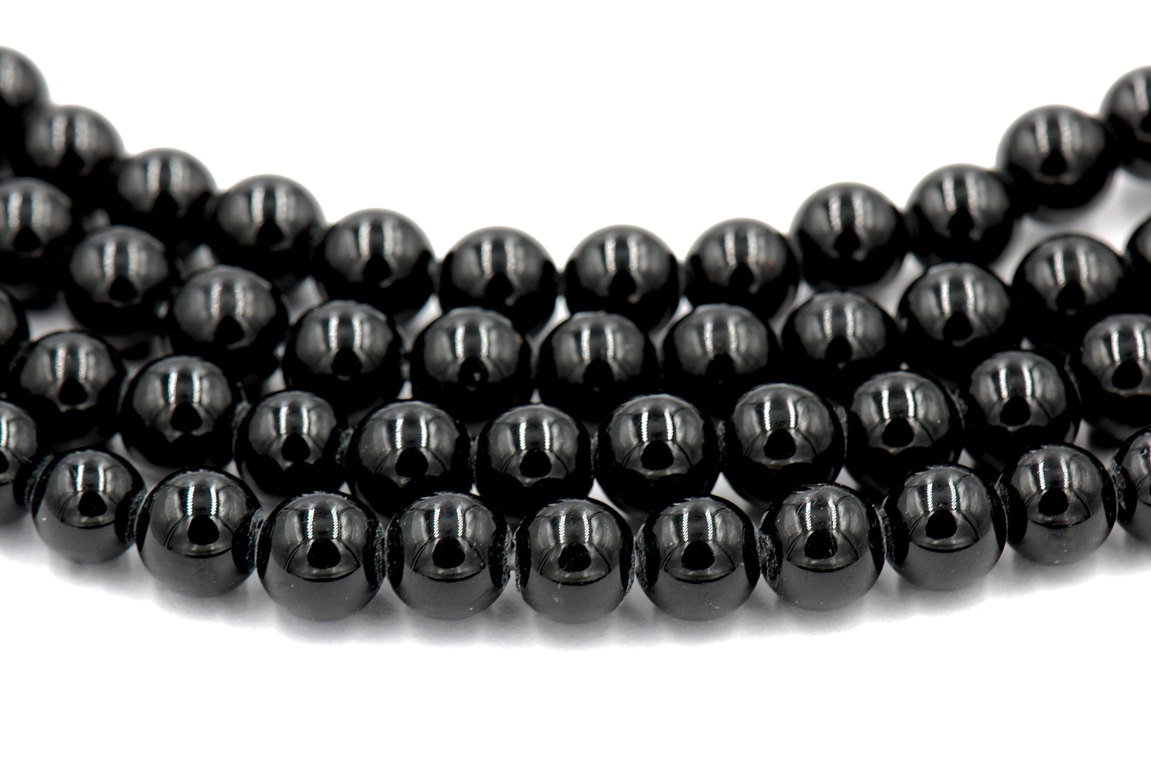 Large Hole, Black Tourmaline, Black 8mm Shiny round beads -15 inch strand