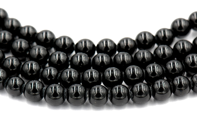 Large Hole, Black Tourmaline, Black 8mm Shiny round beads -15 inch strand Hover Image